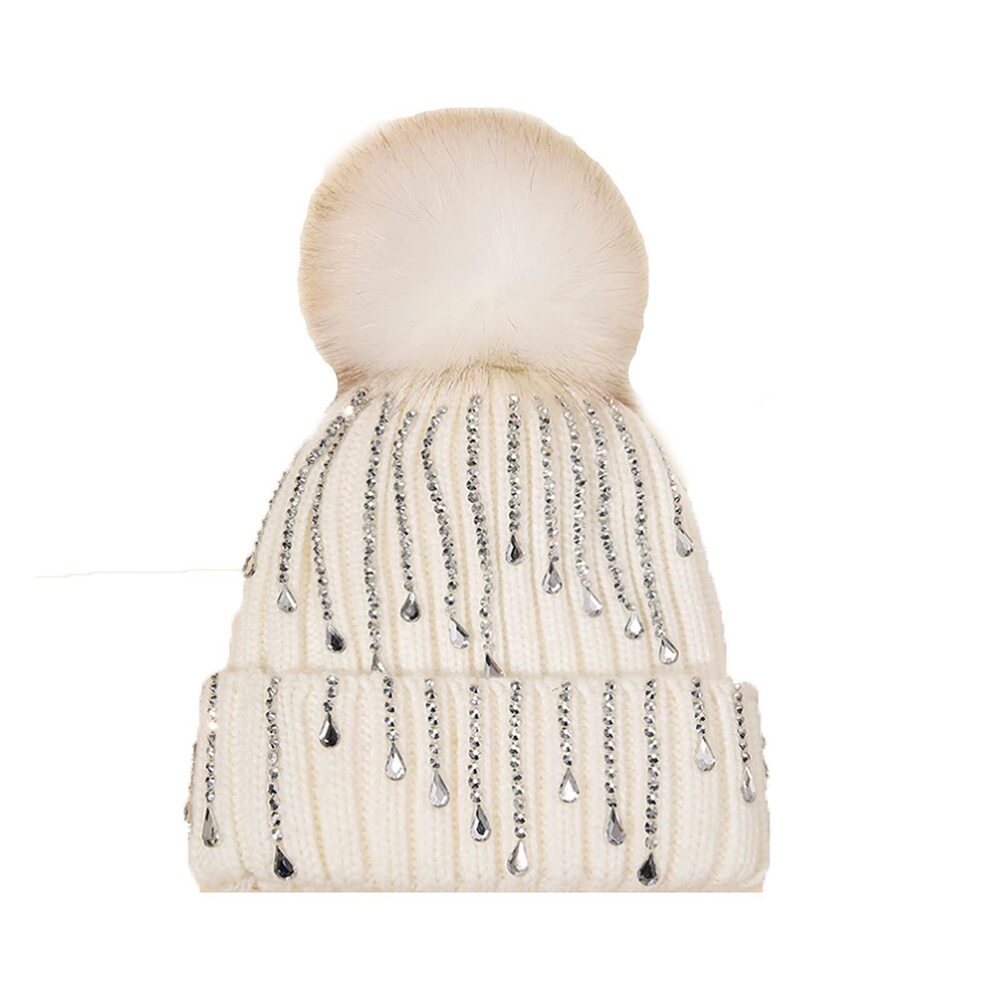 5782 Rhinestone Winter Cable Knit Beanie Hats Chunky Warm Fleece Lined